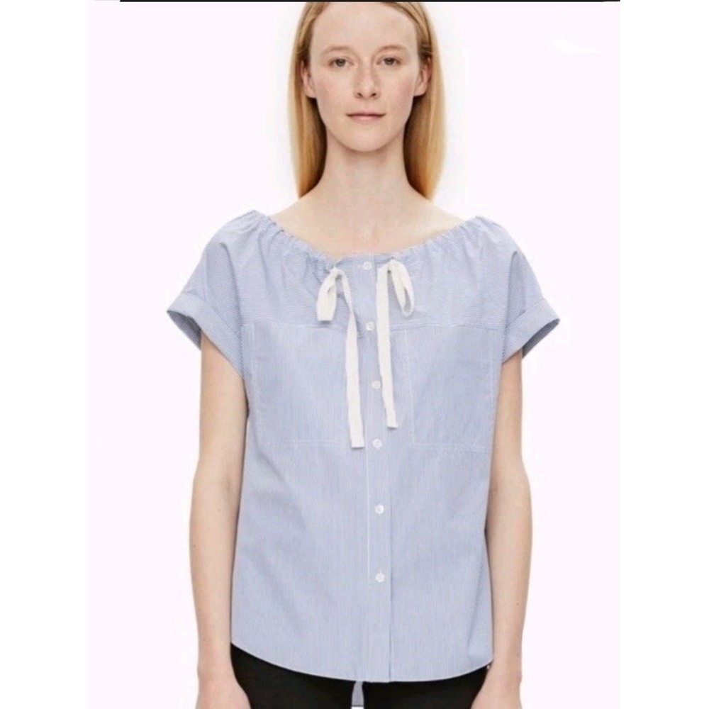 Theory Velvela Utility Blouse Top Womens L Blue Drawstring Button Up